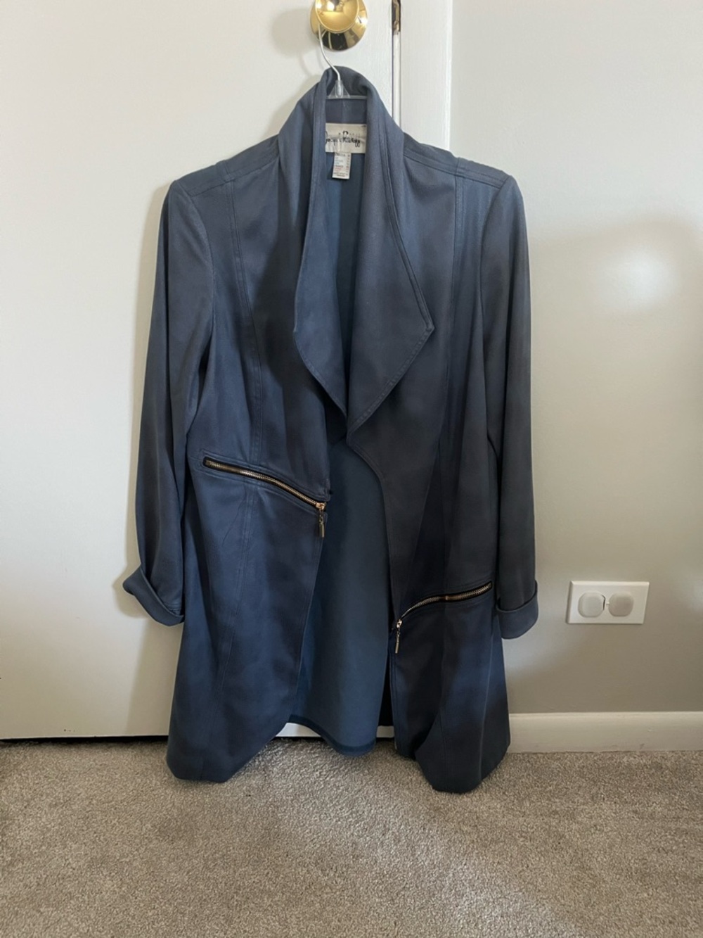 Joseph Ribkoff Slate Blue Leather Draped Zip Jacket